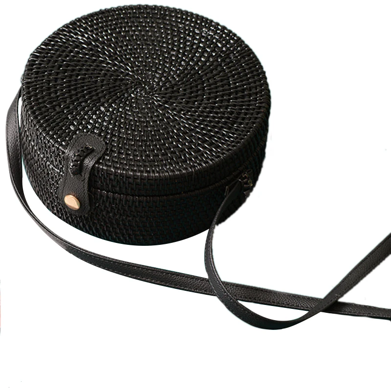 Черные круглые сумки из ротанга для женщин Сумка через плечо ручной работы