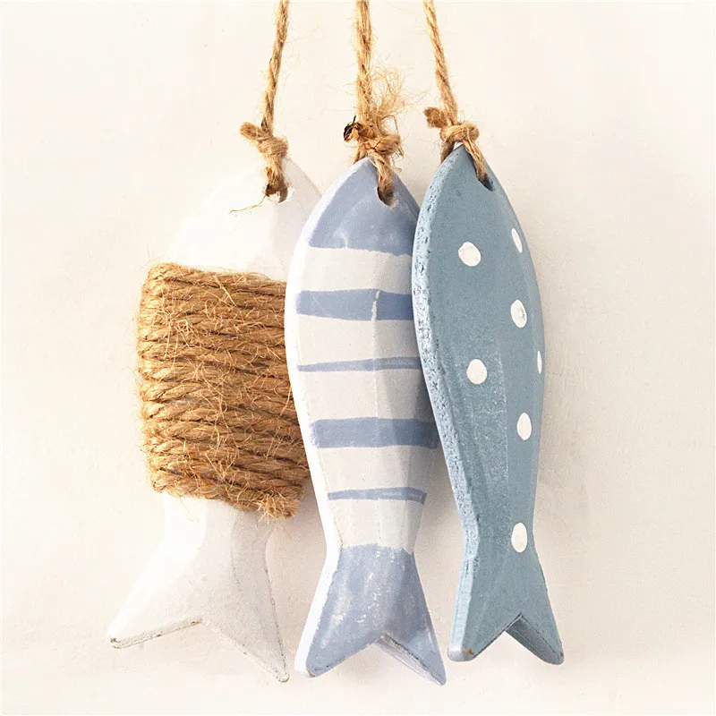 

New Small Fish Skewers Wooden Fishes Curtains Decorative Fishnet Background Marine Pendant Kindergarten Decoration Home