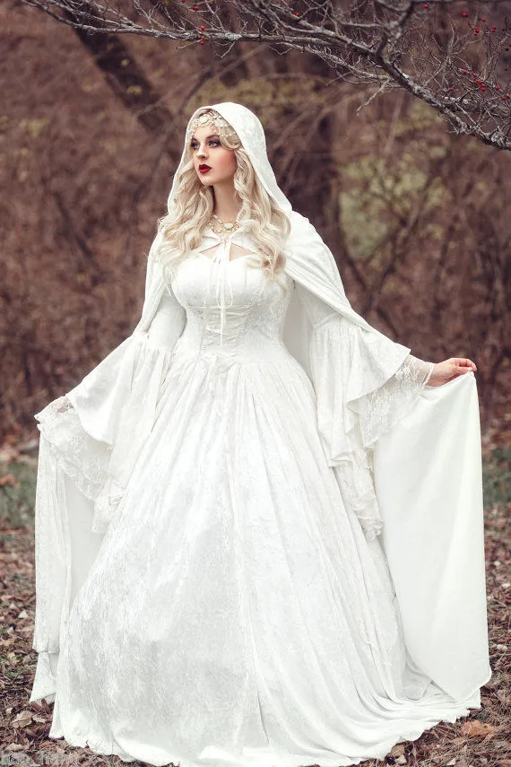 MZYCH04 Vintage Renaissance Белое Свадебное Платье Celtic Средневекового Белл Рукава
