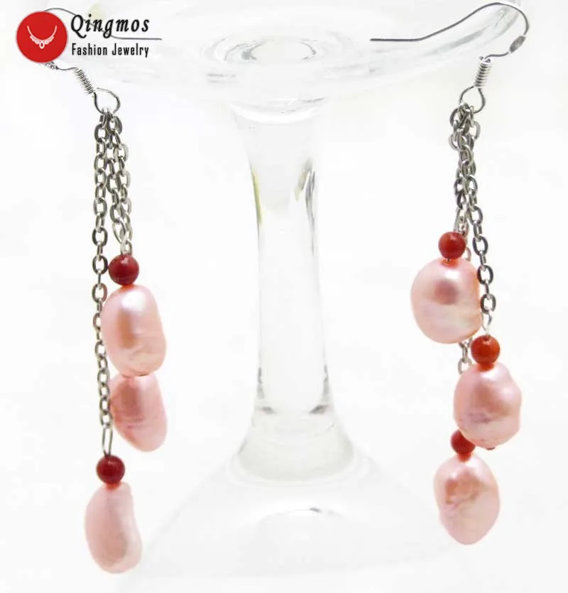 Qingmos 3 Pieces Natural Pearl Earrings for Women with 7-9mm Light Pink Baroque Freshwater Dangle 3&quot Jewelry e549 | Украшения и
