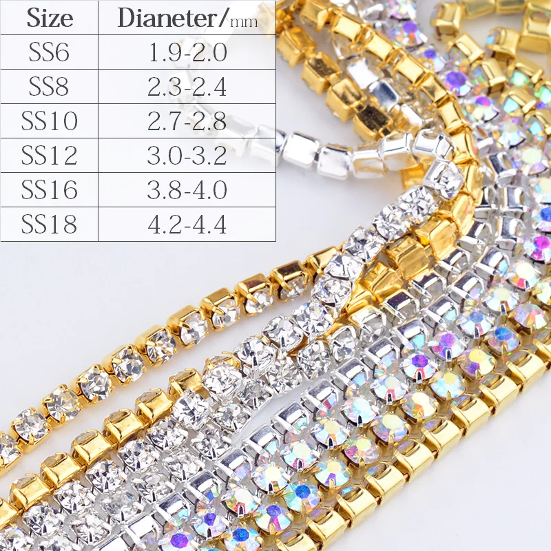 JUNAO SS6 SS12 SS16 SS18 Золотая основа AB Стразы цепочка для шитья стеклянная бахрома