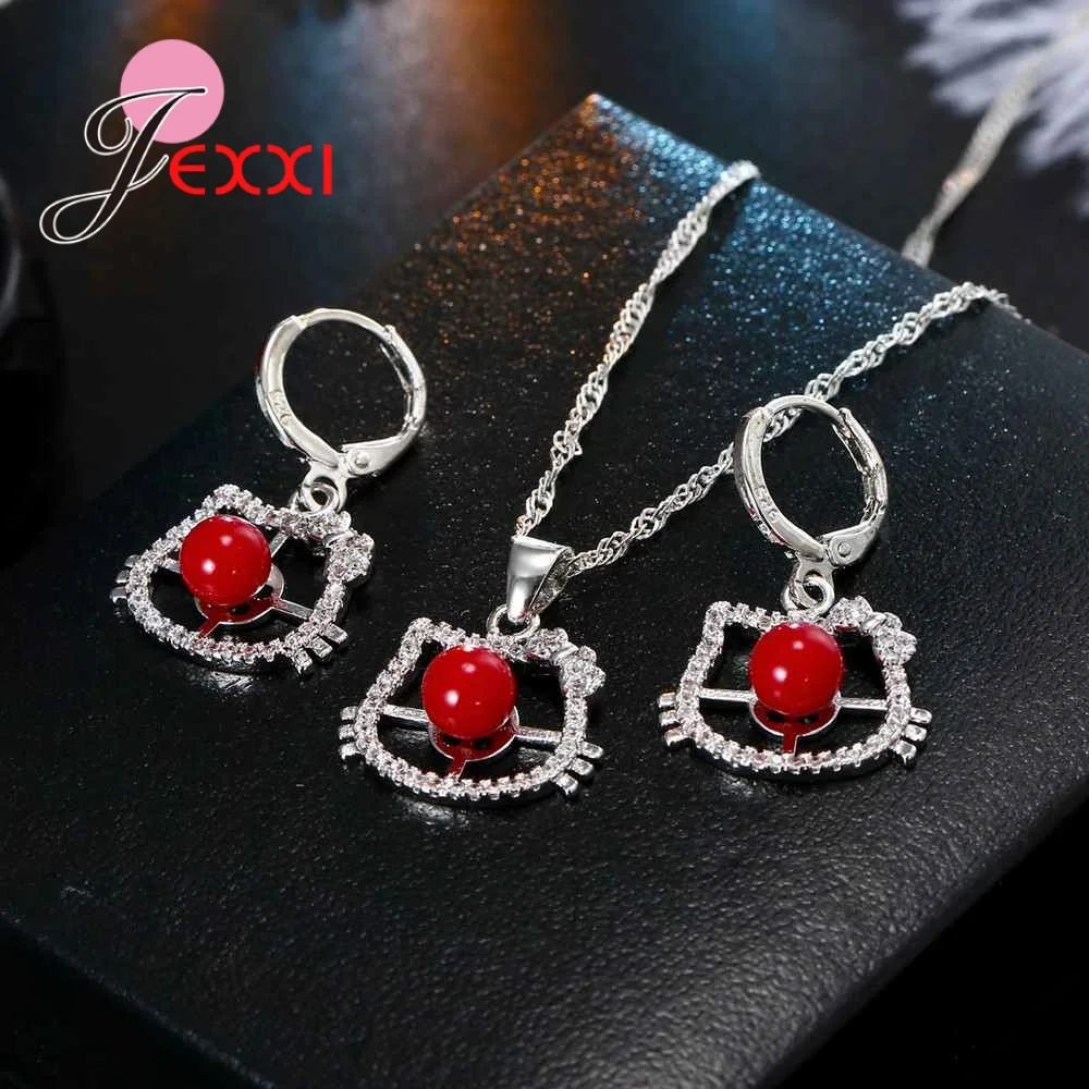 Fast Shipping Classic Charming Cat Animal Shape Red Cubic Zirconia Austrian Crystal Stone 925 Sterling Silver and CZ | Украшения и