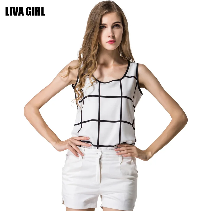 LIVA Plus Size Women Blouses And Shirts 2018 Summer Korean Elegant Sleeveless Plaid Print Shirt Ladies Tops Female Clothing | Женская