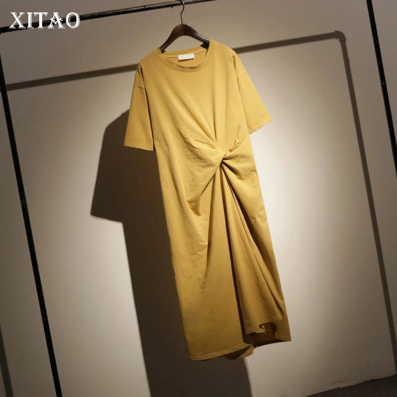 [XITAO] Новинка, корейское летнее женское платье с коротким рукавом, однотонное, необычное, женское платье с круглым вырезом, до середины икры, пуловер, платье LJT1247