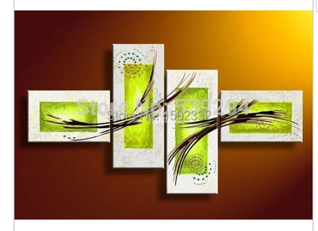 100% hand-painted wall art High-quality living room decoration green background Abstract oil painting 4pcs/se | Дом и сад