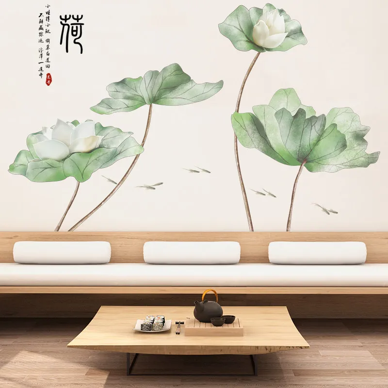 Большие зеленые листья лотоса креативные белые лотосы настенные наклейки цветок