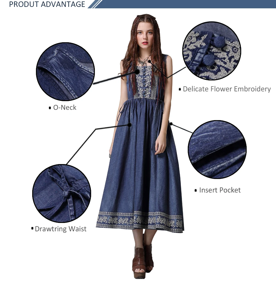 Летнее платье юзи. Может Boho новые джинсовые Для женщин платья трапециевидной формы, с круглым вырезом, качели и цветочной вышивкой сарафан A82077 Vestidos