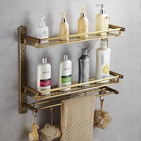 new arrival wall mounted antique brass bathroom shelf with towel rack and robe hooks bath shampoo shelf dual tiers corner shelf