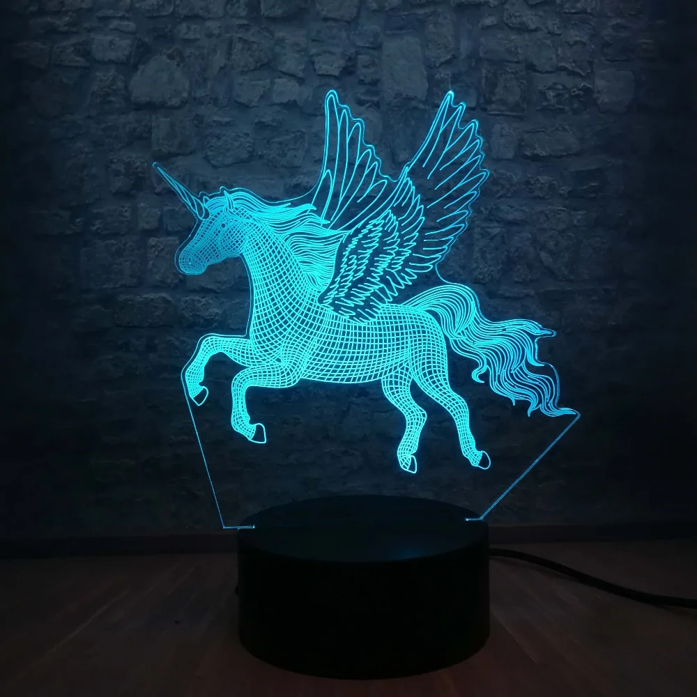 3D животное Единорог Лошадь Ночник светильник светодиодный иллюзия Лампа USB 7