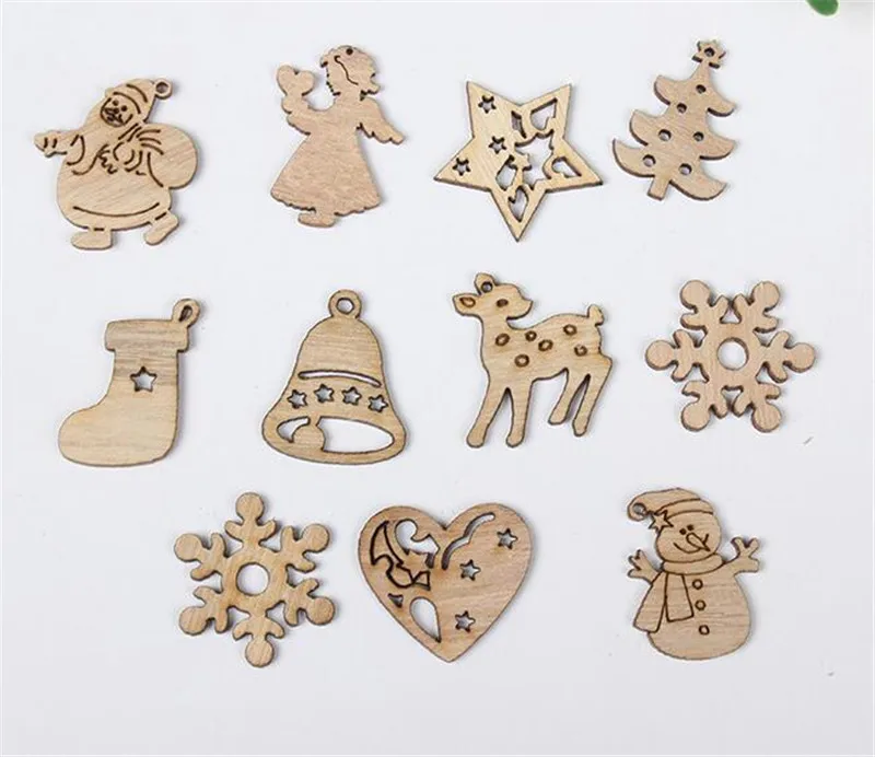 30sets 50 pcs set DIY Natural Wooden Chip Christmas Tree Hanging Ornaments Pendant Kids Gifts Snowman Tree Shape Xmas Orname