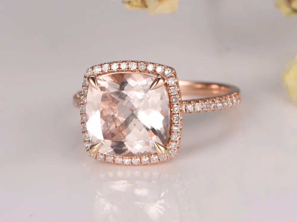 Myray морганит Обручение ring9x9mm Подушки Cut Stone 14 К золото Diamond Band Юбилей подарок