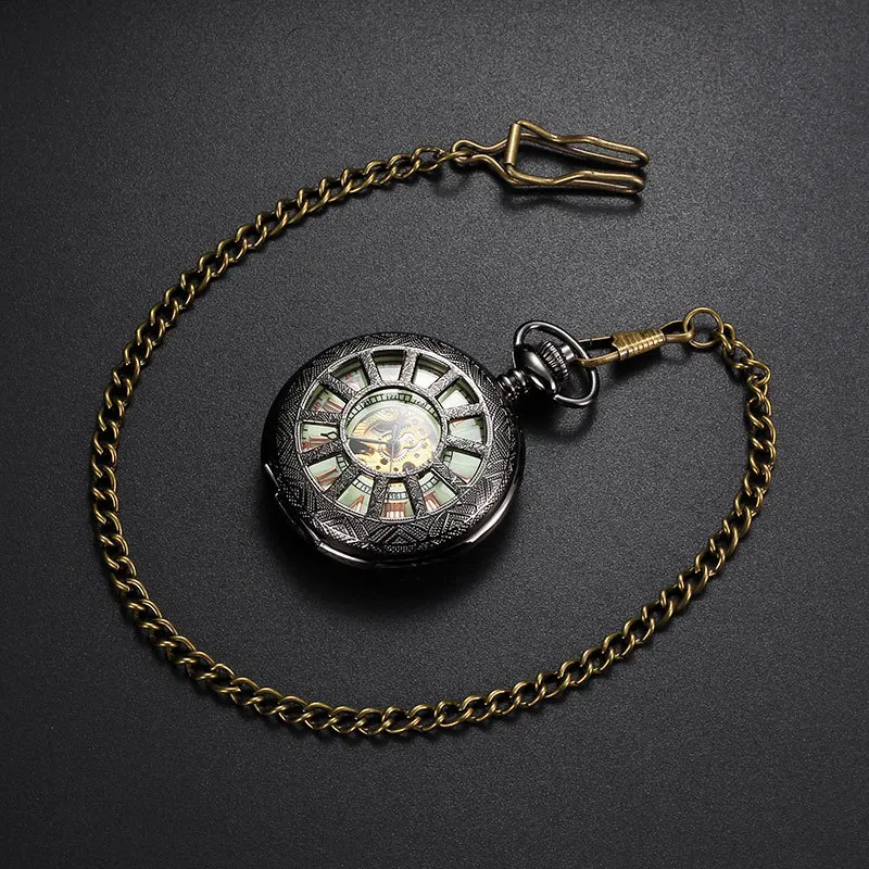Светящийся циферблат Скелет Самовзводные карманные часы для Для мужчин и женщин
