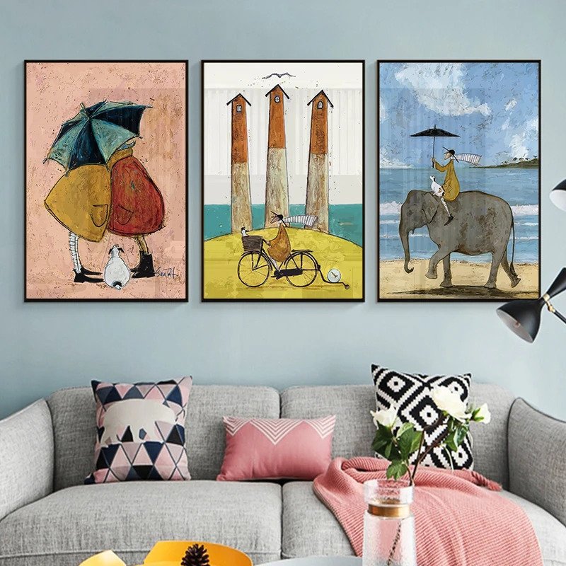 Скандинавские современные Стиль Handdraw пейзаж пара Красочный холст картина