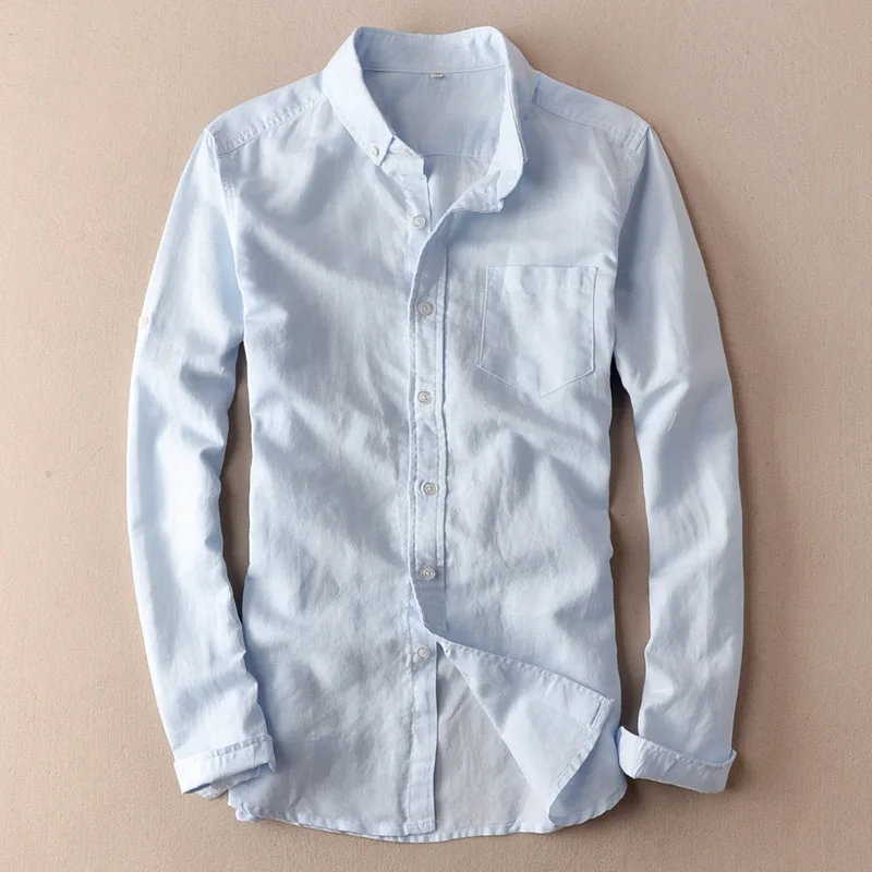 Light Blue Хлопковая мужская льняная белая рубашка, Топ с длинным рукавом и отложным воротником, мужские Рубашки, Топы, лето, элегантная однотонная уличная одежда для мужчин - Цвет: Light Blue