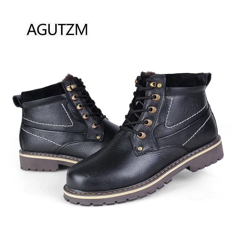 AGUTZM 8988 Fashion Lace Up 100% Genuine Leather Men's Winter Boots Soft Cow Warm Plush Ankle Plus Size : 37-50 |