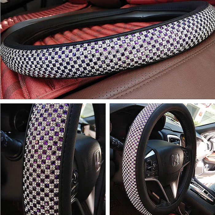 purple with white Новые роскошные хрустальные Чехлы рулевого колеса автомобиля для женщин девушек кожаные Стразы покрытые рулевым колесом аксессуары для интерьера - Название цвета: purple with white