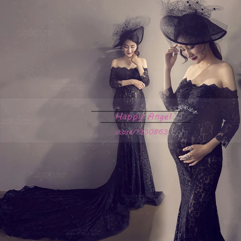 New Mermaid Maternity Long trail Black Lace Dress Romantic Pregnant Photography Props Fancy Photo Shoot Free Shipping Costume