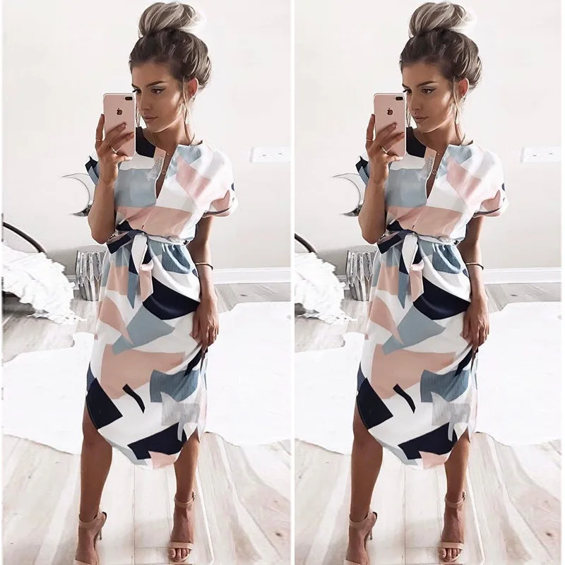 2018 summer dress fashion print elegance cute chain V neck sexy slim sheath women's dress. | Женская одежда