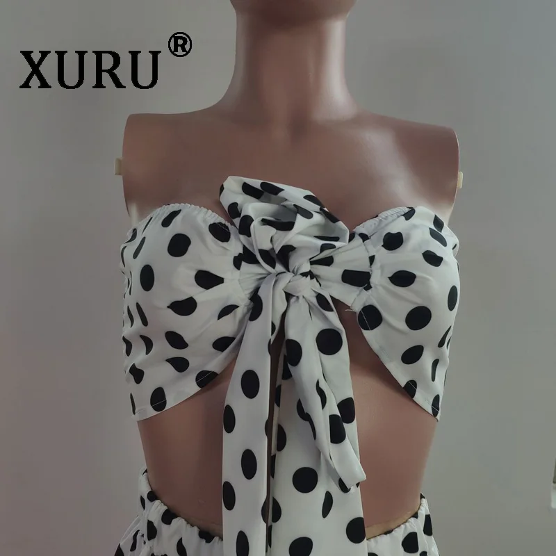 

XURU summer new women's sexy jumpsuit two-piece polka dot printed wrapped wide-leg pants suit