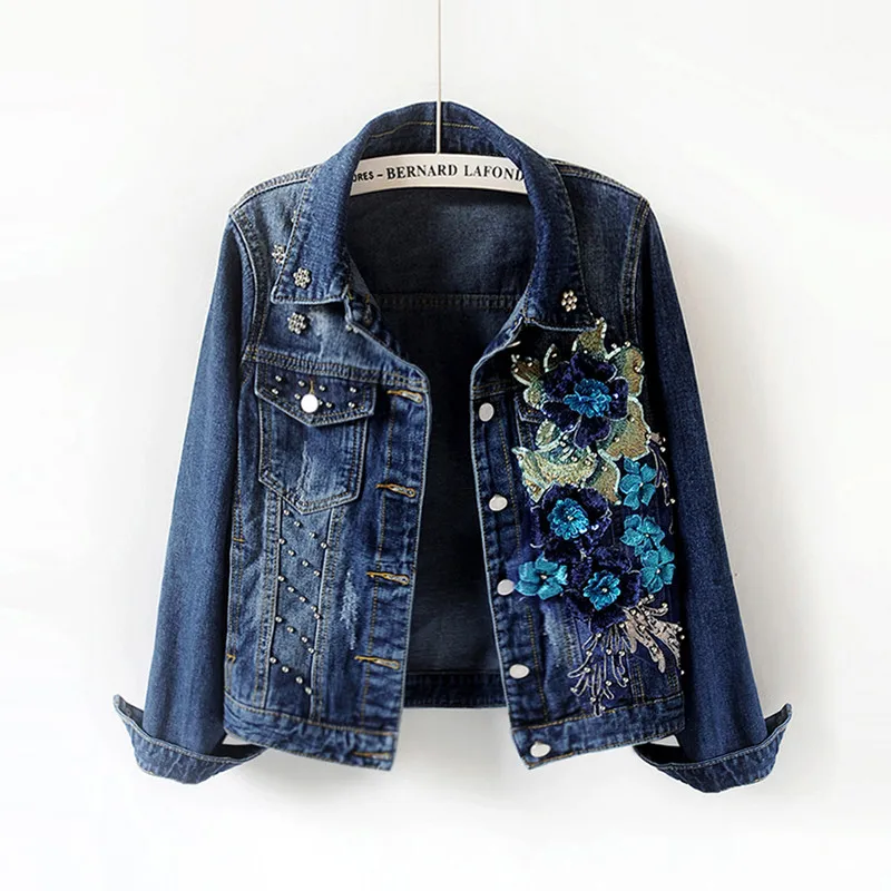 

2019 Autumn New Women Denim Jacket Korean Beading Embroidery Long Sleeve Casual Jeans Jackets Female Loose Short Outwear M54