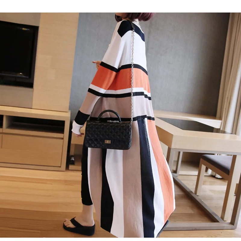 Free Shipping 2018 New Fashion Knitting Coat For Women Loose Outerwear Long Sleeve Maxi Soft Autumn Sweaters Striped Cardigan |