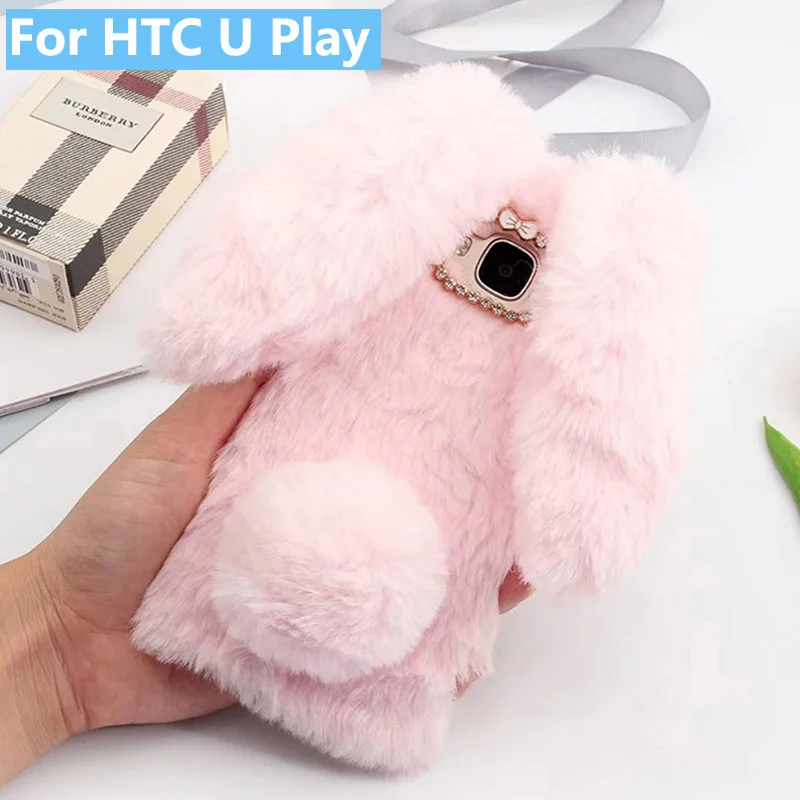 Плюшевый чехол с кроликом для HTC U Play, мягкий мех, милый 3D кролик, уши, ТПУ, блестящий алмазный Пушистый чехол для телефона, чехол для HTC U Play