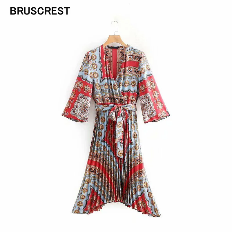 Summer dress 2019 vintage midi V neck bow tie sashes pleated elastic waist retro female casual dresses elegant | Женская одежда
