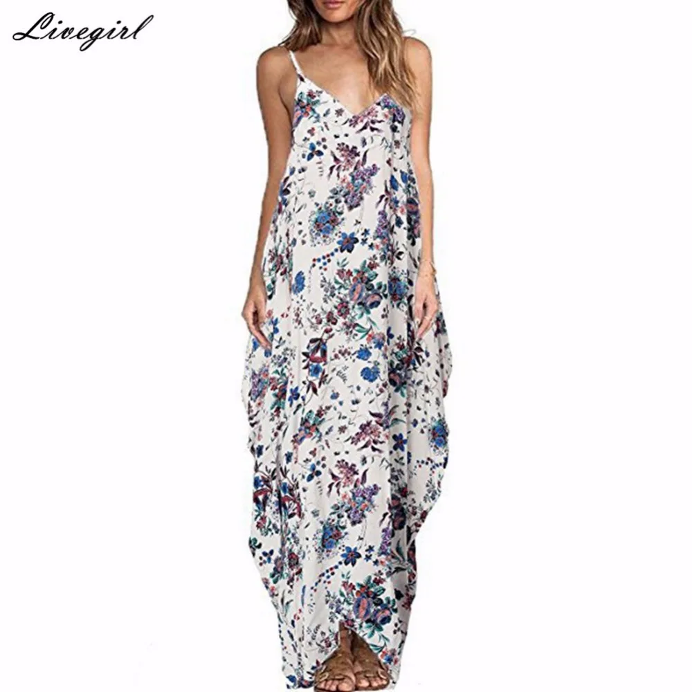 2017 богемное летнее Цветочный принт длинное платье Для женщин Сексуальная V шеи