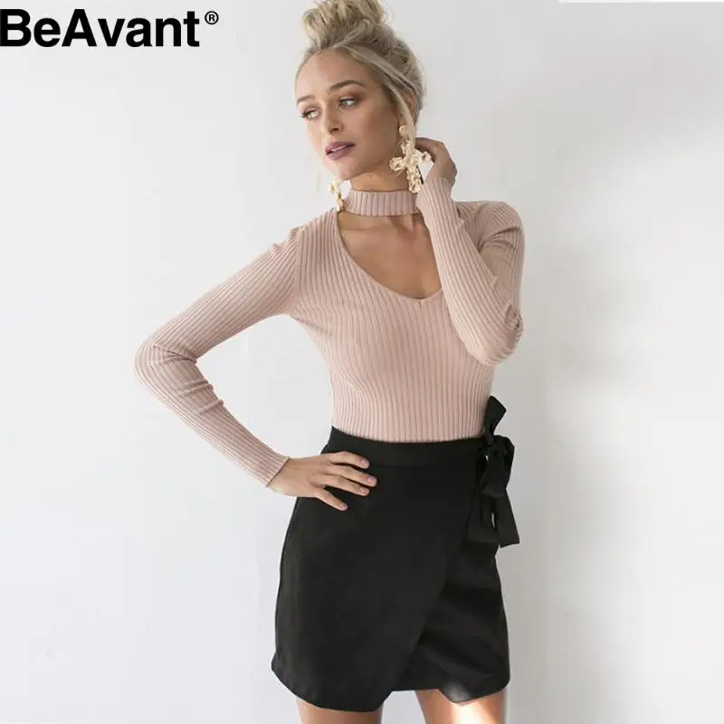 BeAvant Autumn black halter knitted sweater Winter sexy white pullover women tops Slim v neck long sleeve jumper pull femme | Женская