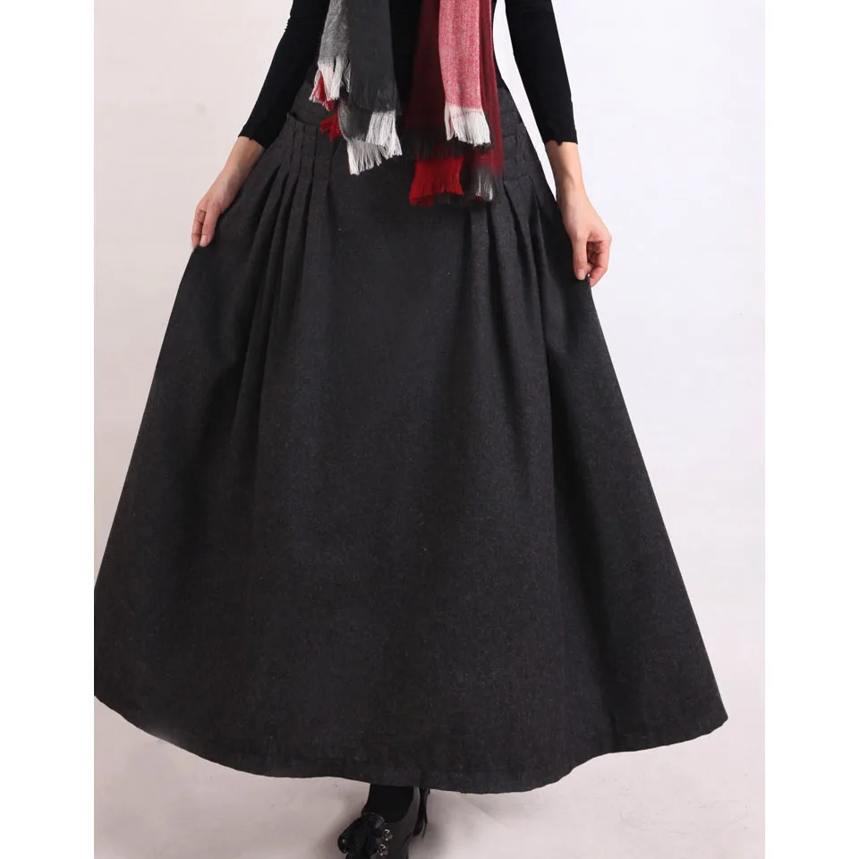 2018 Winter XXL Vintage Casual Wool Woolen a-line Pleated Maxi Skirts Womens / Retro Female Plissee a line Long skirt designs
