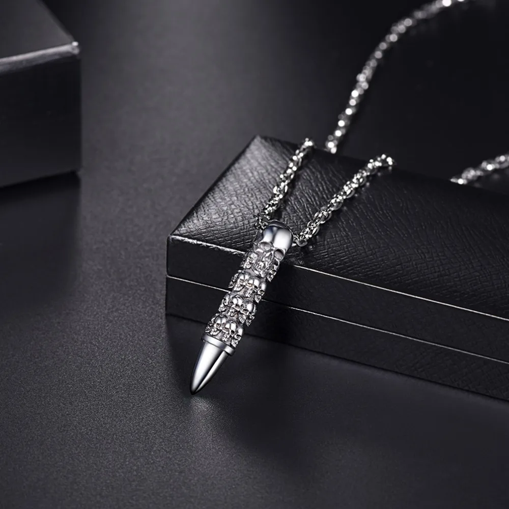 U7 Bullet Skull Necklace for Men Punk Rock Biker Stainless Steel Jewelry Choker Accessories with 55cm Water-wave Chain P1121