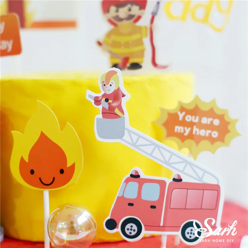 Fireman Hero Decoration Water Gun Ladder Truck Cake Topper for Children's Day Kid Happy Birthday Party Supplies Baking Cute Gift