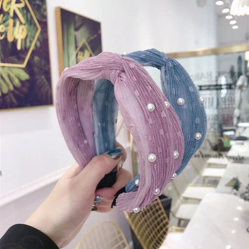 2019 Жемчужная Повязка на голову однотонная шифоновая завязанная лента для волос