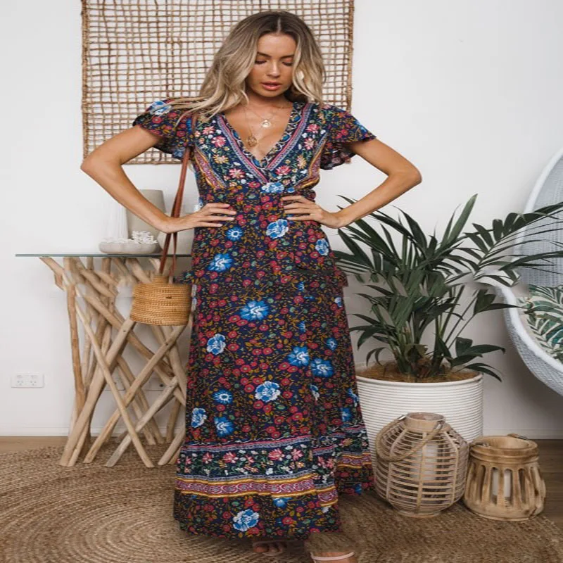 Летнее пляжное длинное платье в стиле бохо Сексуальное Женское Платье-туника с