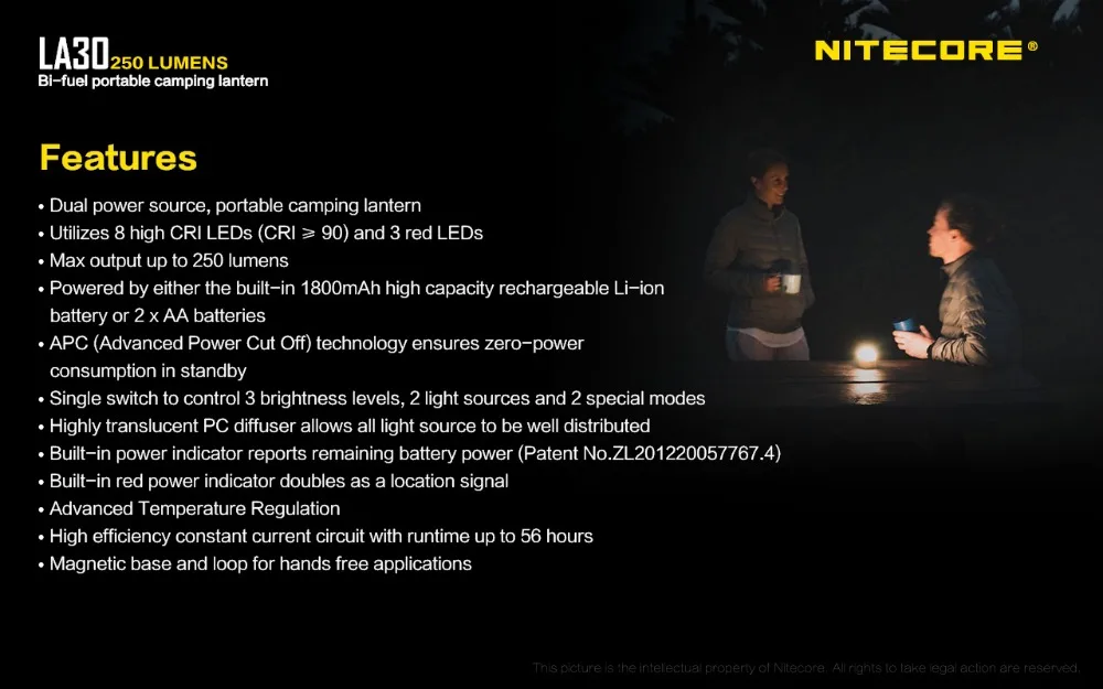 NITECORE LA30 250 люмен 2* AA литий-ионная аккумуляторная батарея, двухтопливный портативный фонарь для кемпинга, для использования на природе/в кемпинге, в режиме CRI