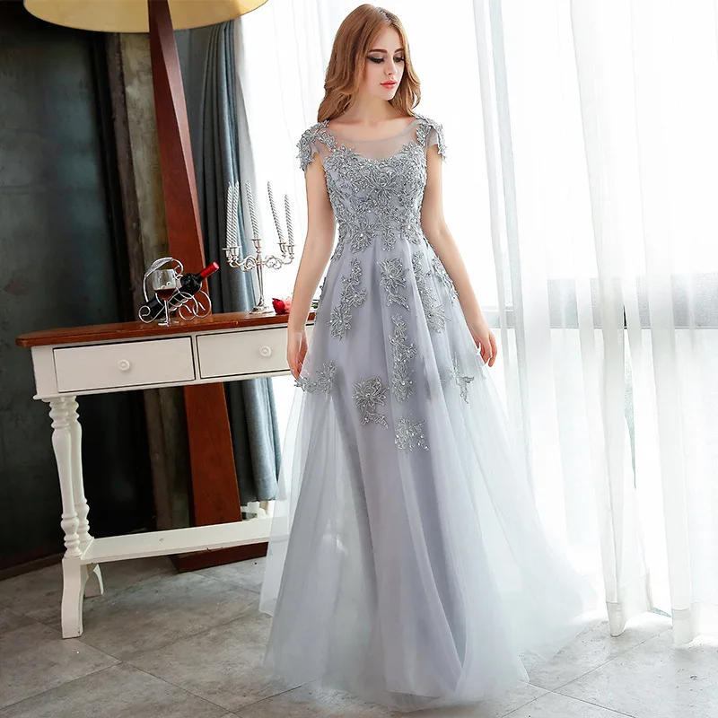 

Elegant Gray Sheer Neck Beading Lace Vestidos De Festa Backless A-line Formal Long Evening Dresses Robe Soiree Prom Party Gowns