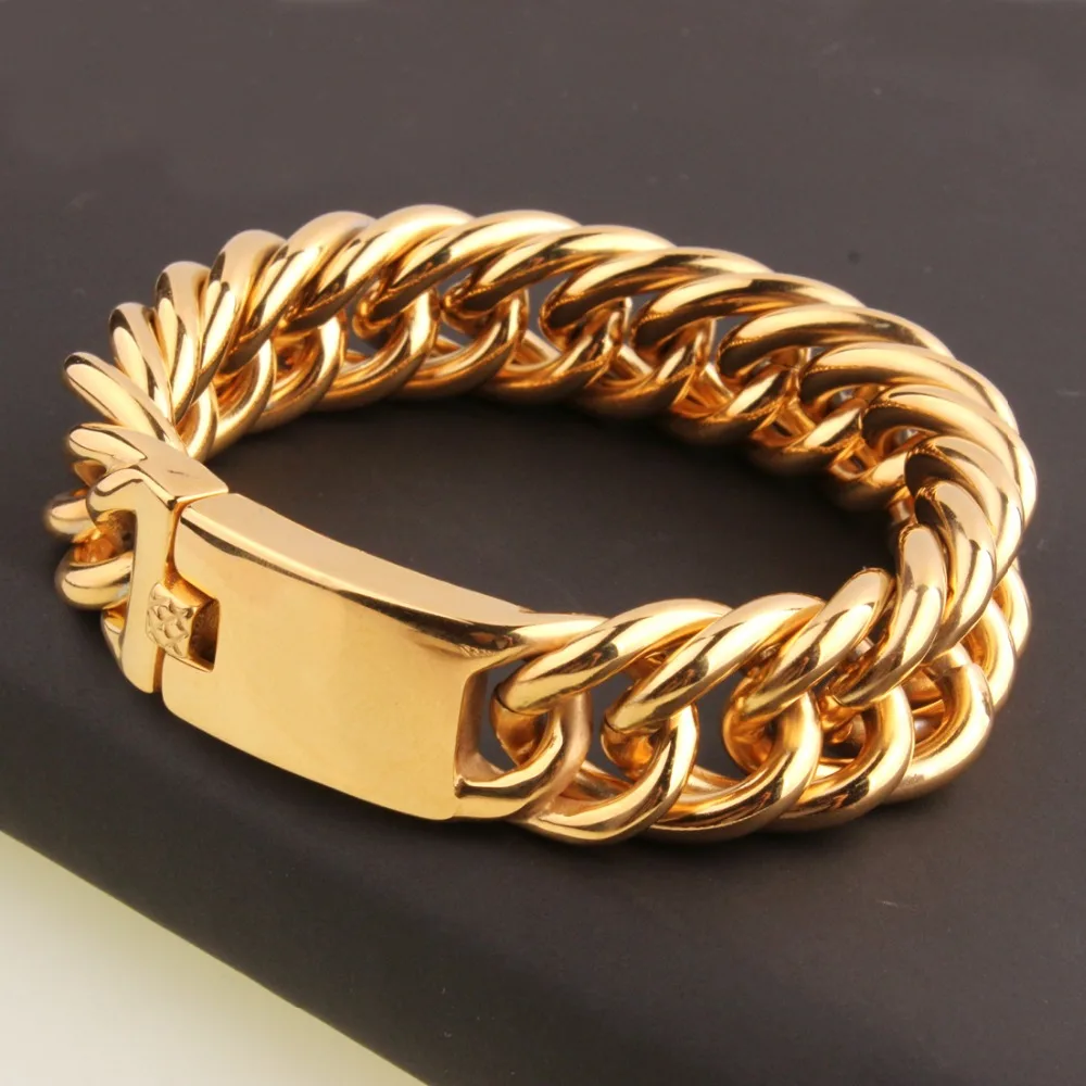

New Arrive Trendy 316L Stainless Steel Gold Tone Cuban Curb Link Chain Polished Jewelry Men's Boys Bracelet Bangle 7"-11" Choose
