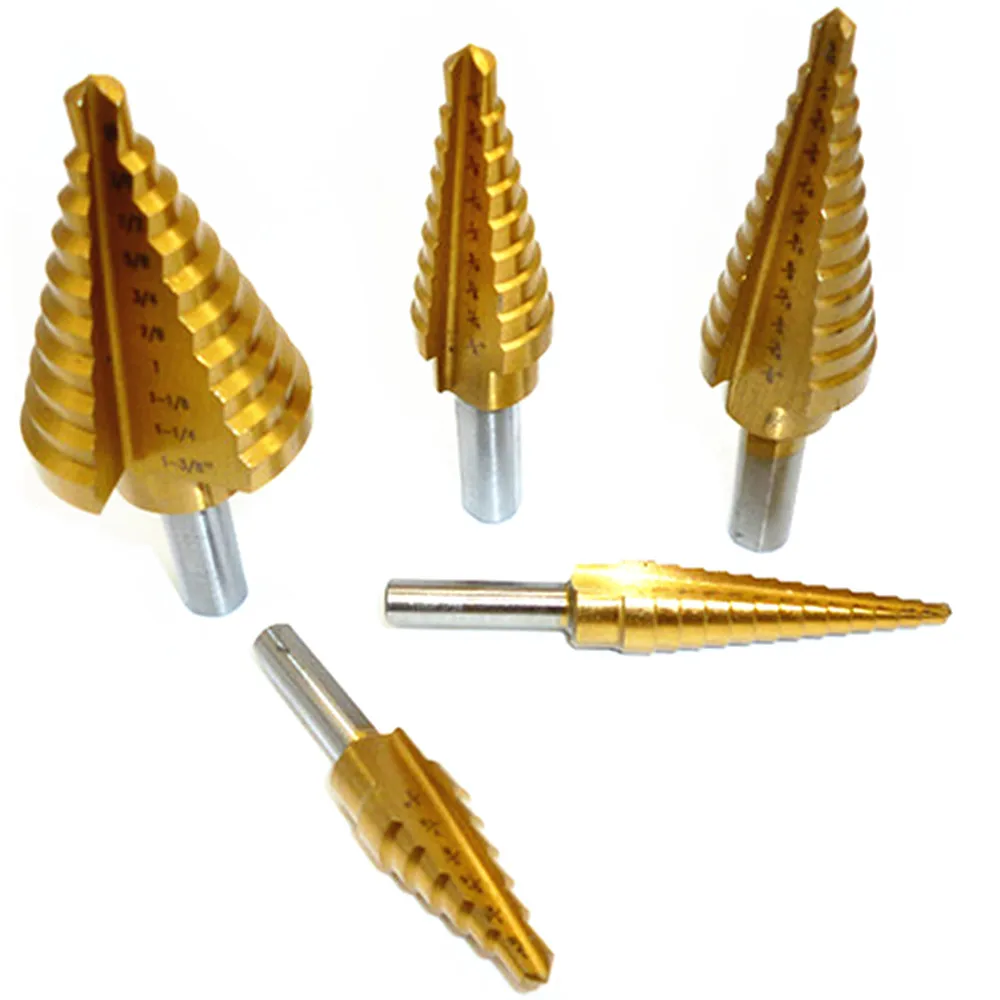 5pcs Step Drill Bit Titanium Metal Stepped Down Variable 1/4&quot-1-3/8&quot 3/16&quot-7/8&quot 1/4&quot-3/4&quot 3/16&quot-1/2&quot