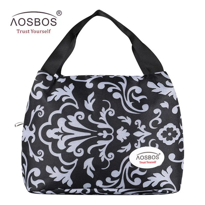 Black flower Aosbos модные Оксфордские Термосумки для обедов для женщин, Изолированные сумки-холодильники, сумка-тоут для мужчин, детей, взрослых, портативный контейнер для хранения для пикника - Цвет: Black flower