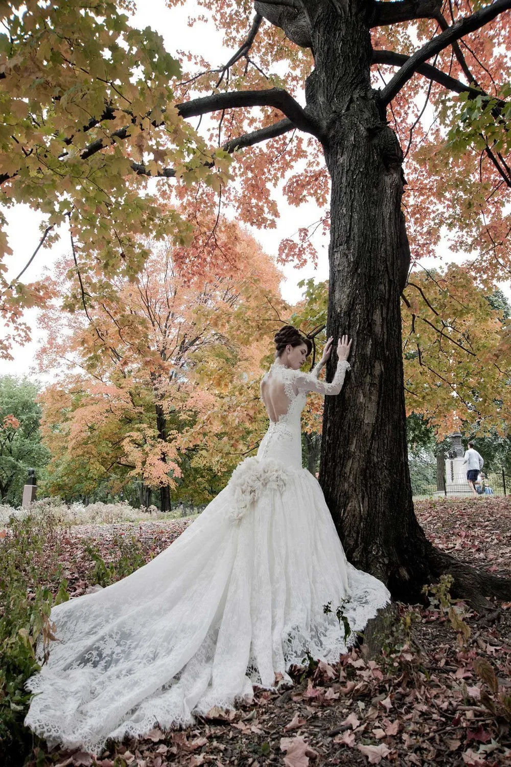 Романтический длинные свадебные платья 2017 Высокая Шея рукава аппликации кружева