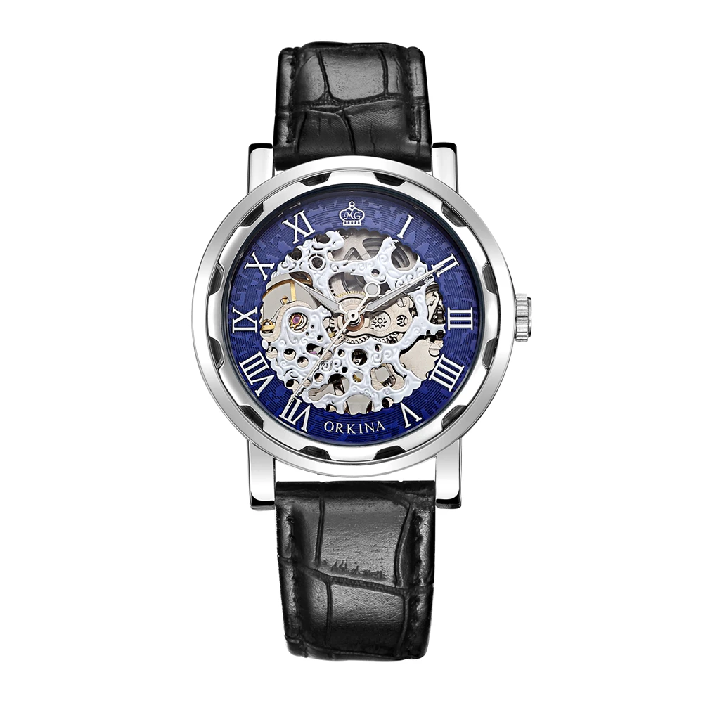 Мужские наручные часы с кожаным ремешком роскошные золотые механические в стиле