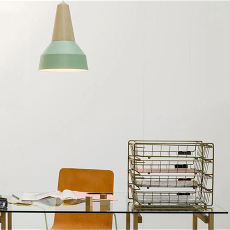 Creative Industrial Wind Iron Hanging Light Nordic Minimalist Macaron Multicolor Solid Wood E27 Pendant Lamp For Study Office | Лампы и