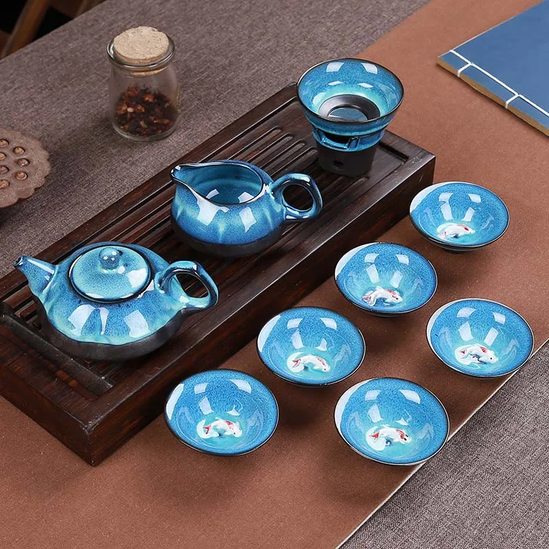 9 шт. подлинный чайный набор Синий Янтарный керамический чайник с переменной