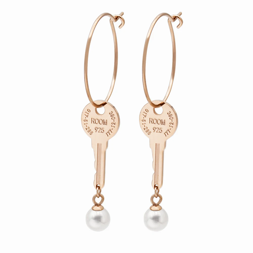 Rose Gold Hoop Earrings New Fashion Women Jewelry Key & Pearl Wholesale Stainless Steel For | Украшения и аксессуары