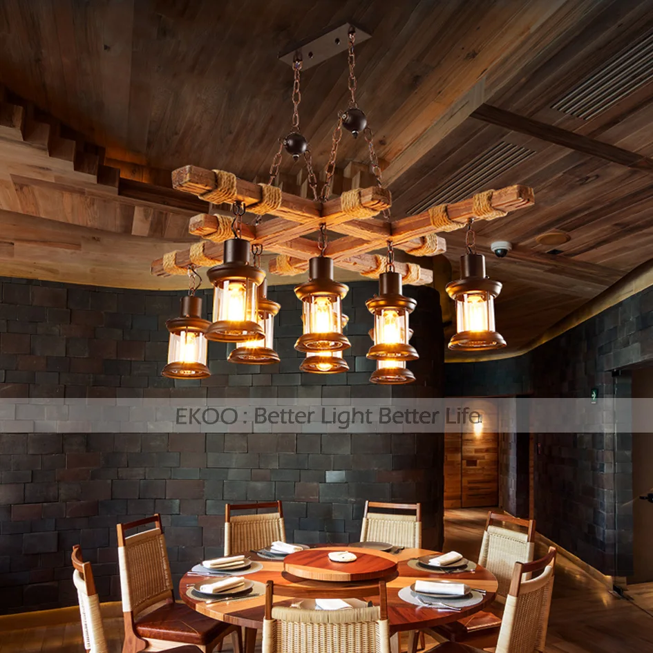 EKOO-Lámpara de araña de madera de Industrial Retro Vintage, luz rústica de hierro para restaurante, bar y sala de estar, 8 Uds.
