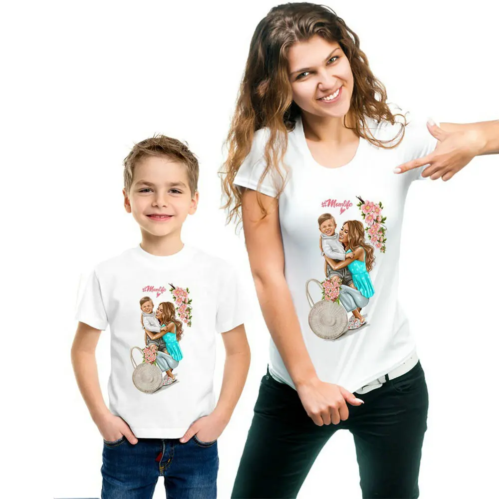 Одежда для мамы и сына дочки футболка с милым рисунком детская коротким рукавом