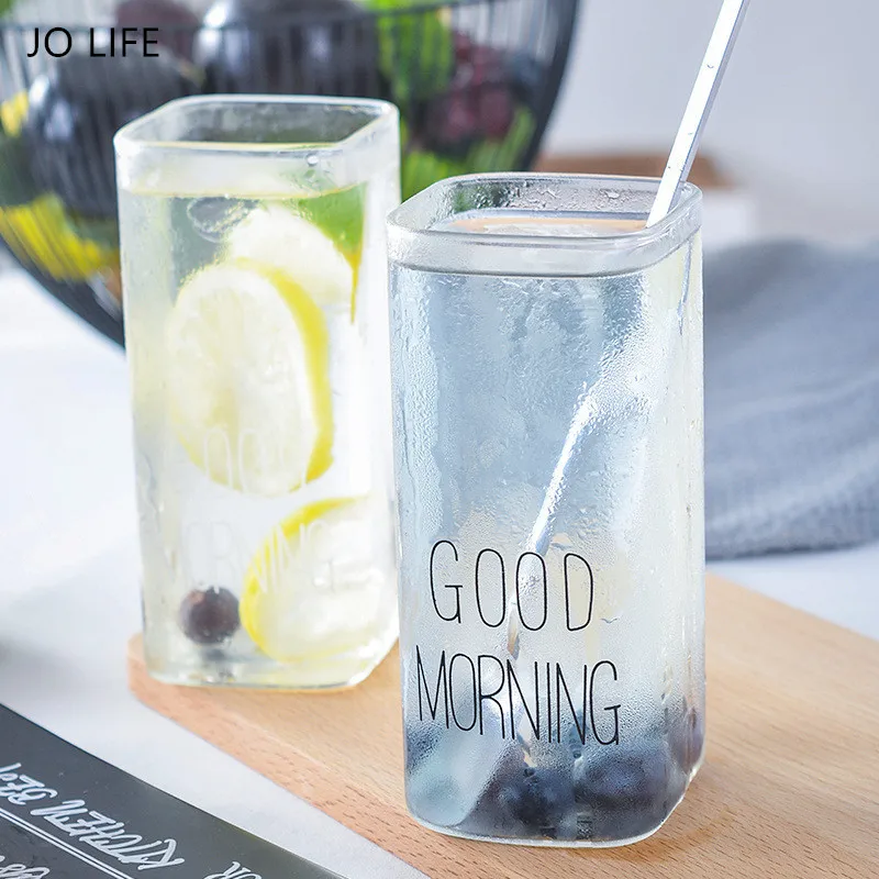 JO LIFE 1 шт., Прозрачная Черная/белая кофейная кружка с надписью «Good Morning» 400 мл, прямоугольная стеклянная чашка для питья молока и сока, стеклянная чашка