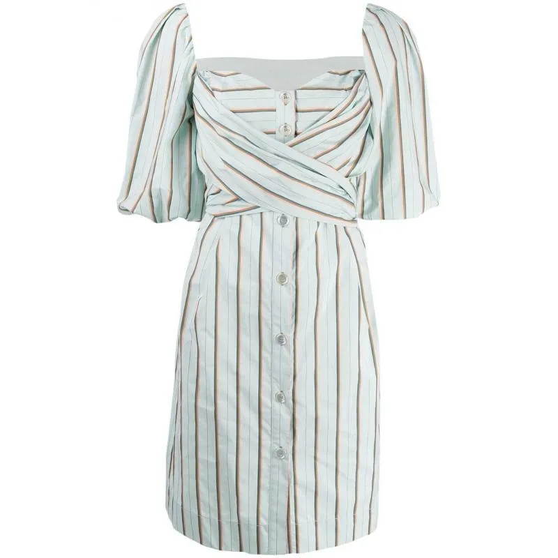 striped TWOTWINSTYLE, летнее Полосатое женское платье, асимметричный воротник, пышные рукава, высокая талия, тонкие, до колена, платья для женщин, мода - Цвет: striped