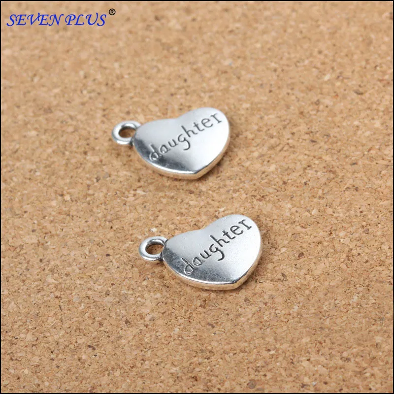 

High Quality 10 Pieces/Lot 14mm*18mm Antique Silver Plated Letter Printed Heart Daughter Charms