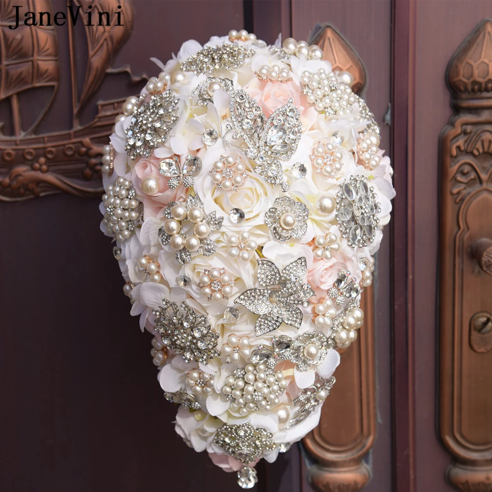 

JaneVini Luxury Crystal Pearls Bridal Bouquets Water Drop Shaped Handmade Flower Rose Wedding Bouquets Allestimenti Matrimonio